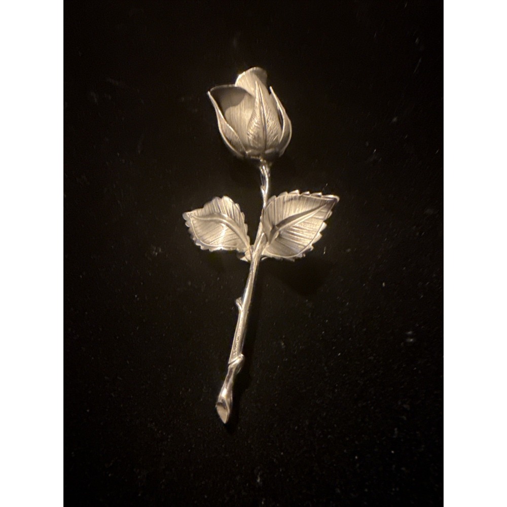 Cute Vintage Giovanni Silver Tone Long Stem Rose Pin